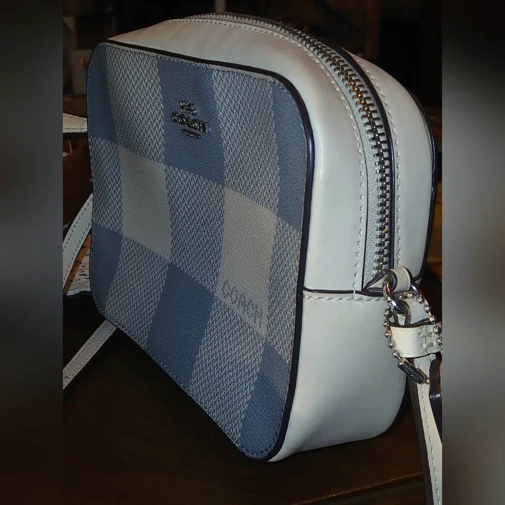 Coach Blue and Cream Checkered Women's Camera Bag Like New - Picture 13 of 14